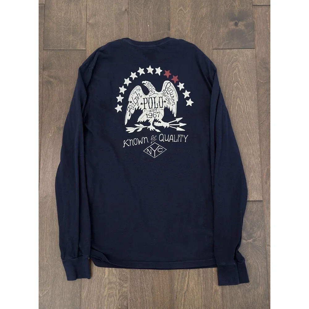 Polo Ralph Lauren Mens Custom Fit Long Sleeve Crewneck Tee Blue Eagle USA Shirt